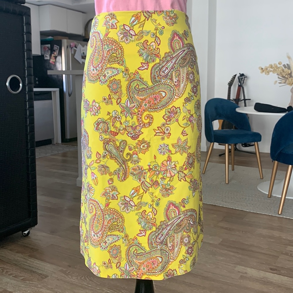 Vintage yellow paisley pencil midi skirt S
